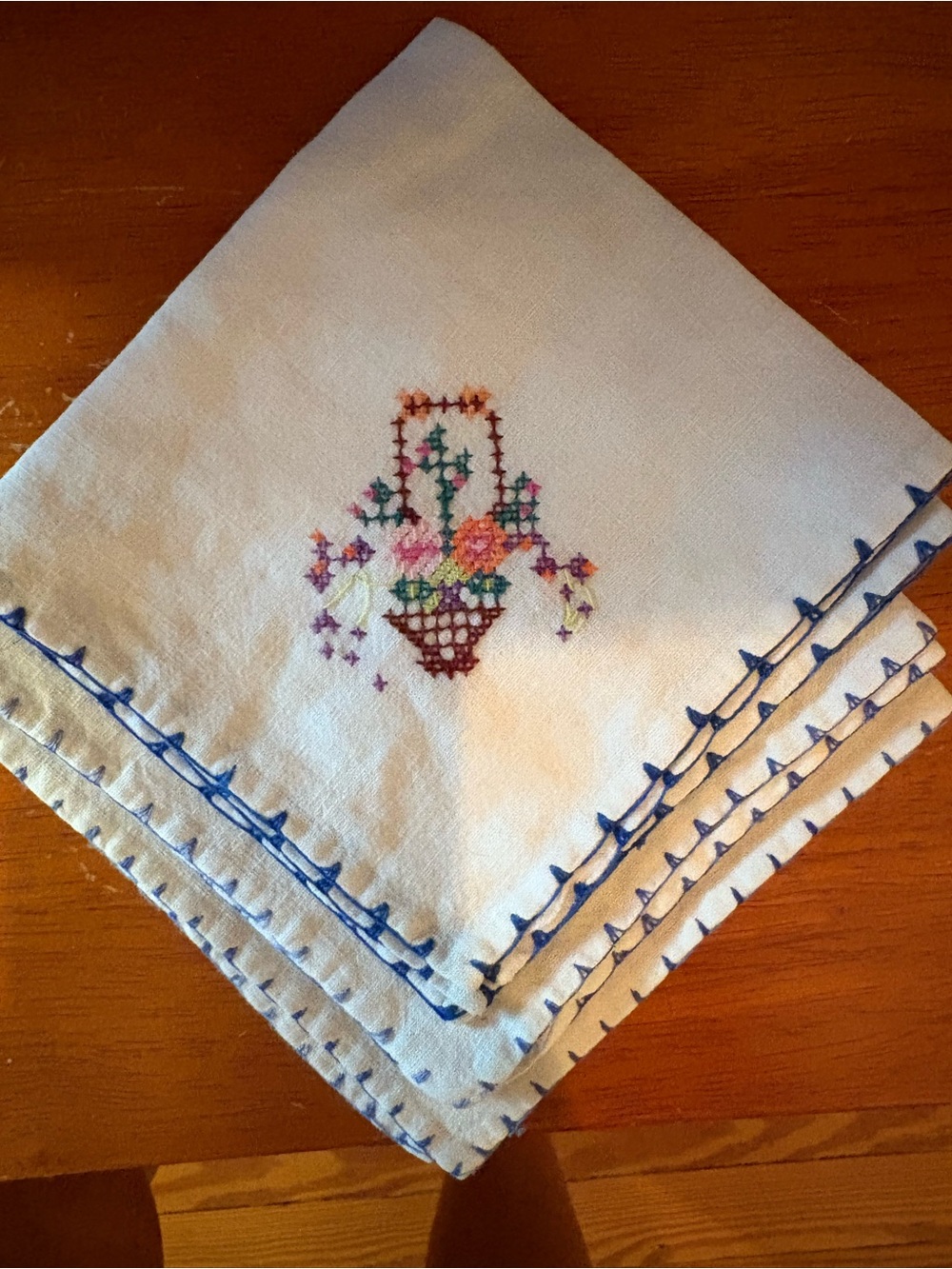 Vintage Matching Handkerchief Set - 3 Cross Stitch Flower Basket Trio